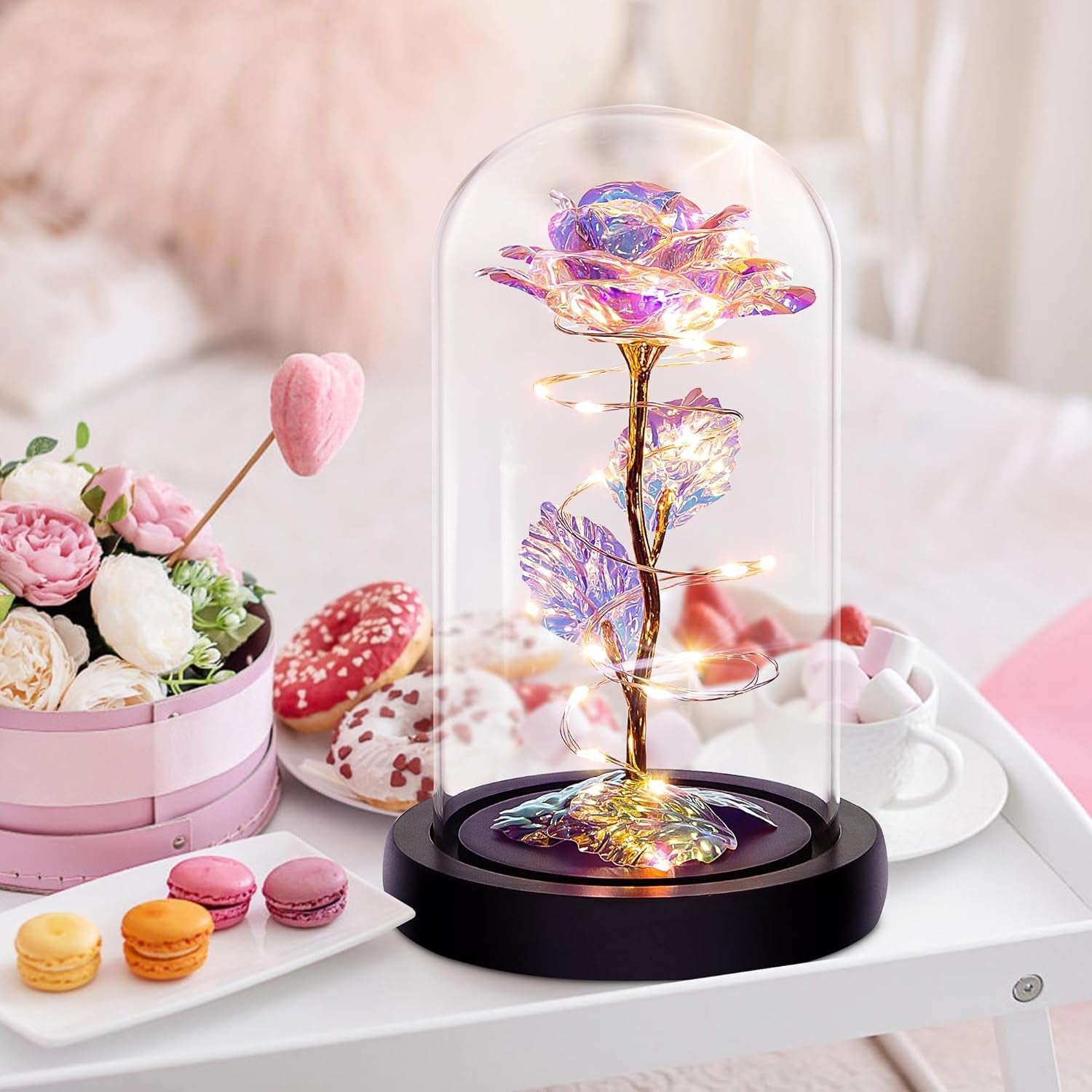 Mothers Day Flowers Gifts for Mom Grandma,Birthday Gifts for Women,Valentines Gifts for Her,Mom,Women,Wife,Grandma,Light up Rose in Glass Dome,Colorful Rainbow Mothers Day Flowers for Delivery